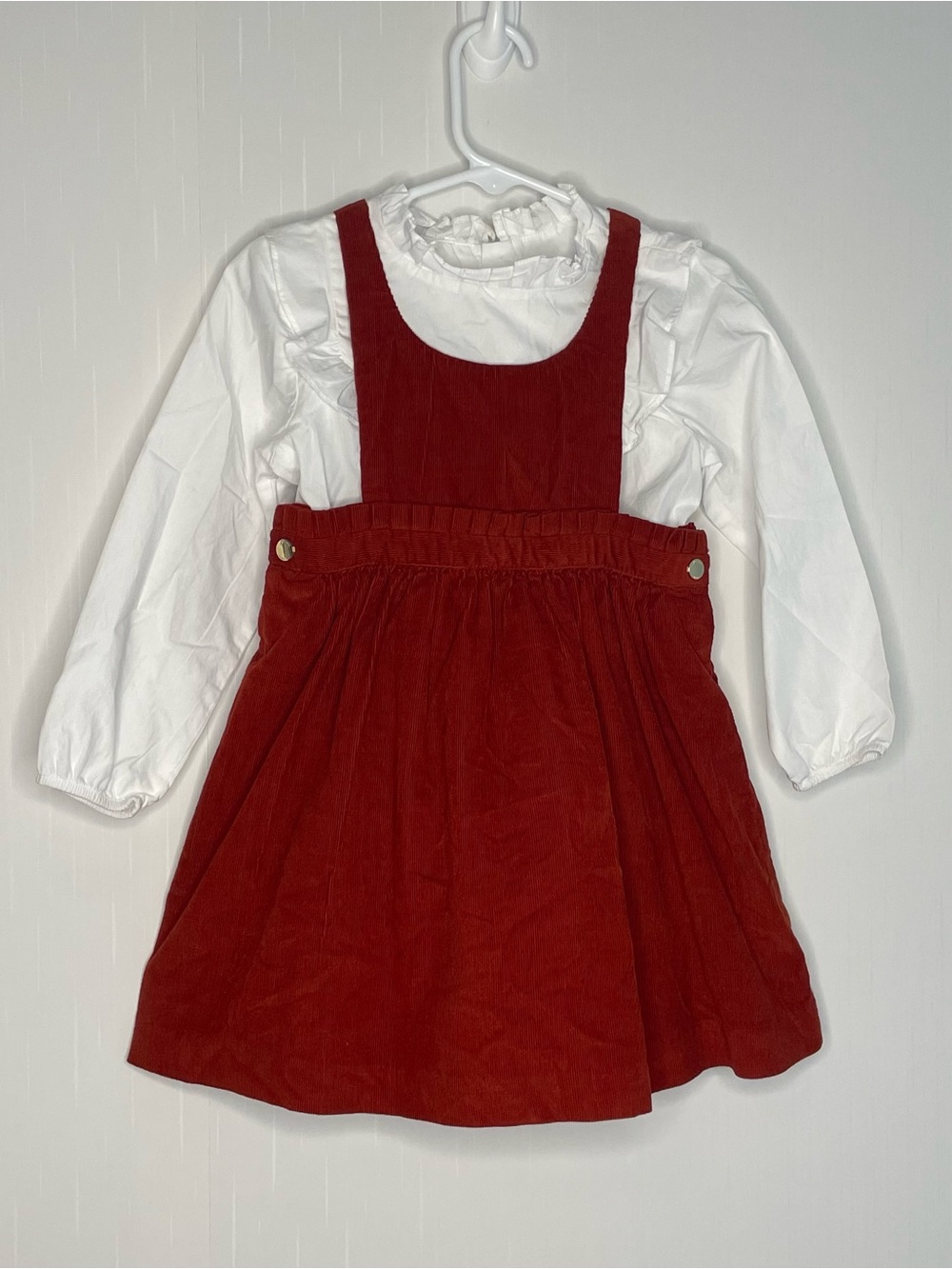 Jacadi Paris Girls Rust Corduroy Pinafore Jumper & Ruffle Blouse Set Size 3 96cm